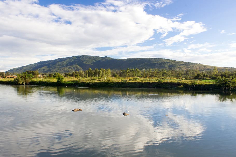 kenya, mountains, trees, river, clouds, sky, water, cloud - sky HD wallpaper
