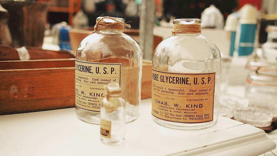 objects, glass, bottles, glycerine, jar, container, text, indoors HD wallpaper