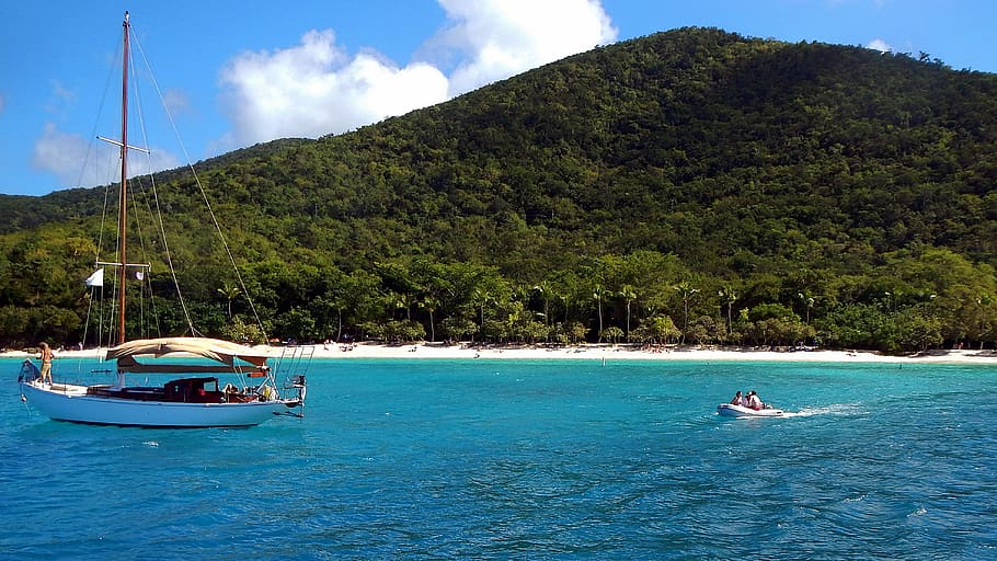 Group of People on White Speed Boat, bay, beach, daylight, landscape HD wallpaper