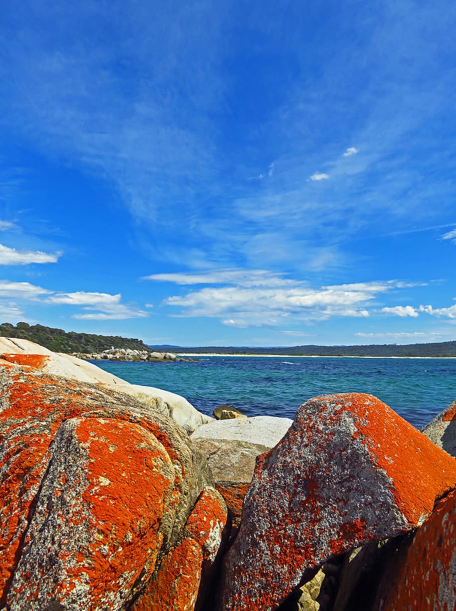 seascape, orange, blue, rocks, tasmania, australia, david clode, HD wallpaper