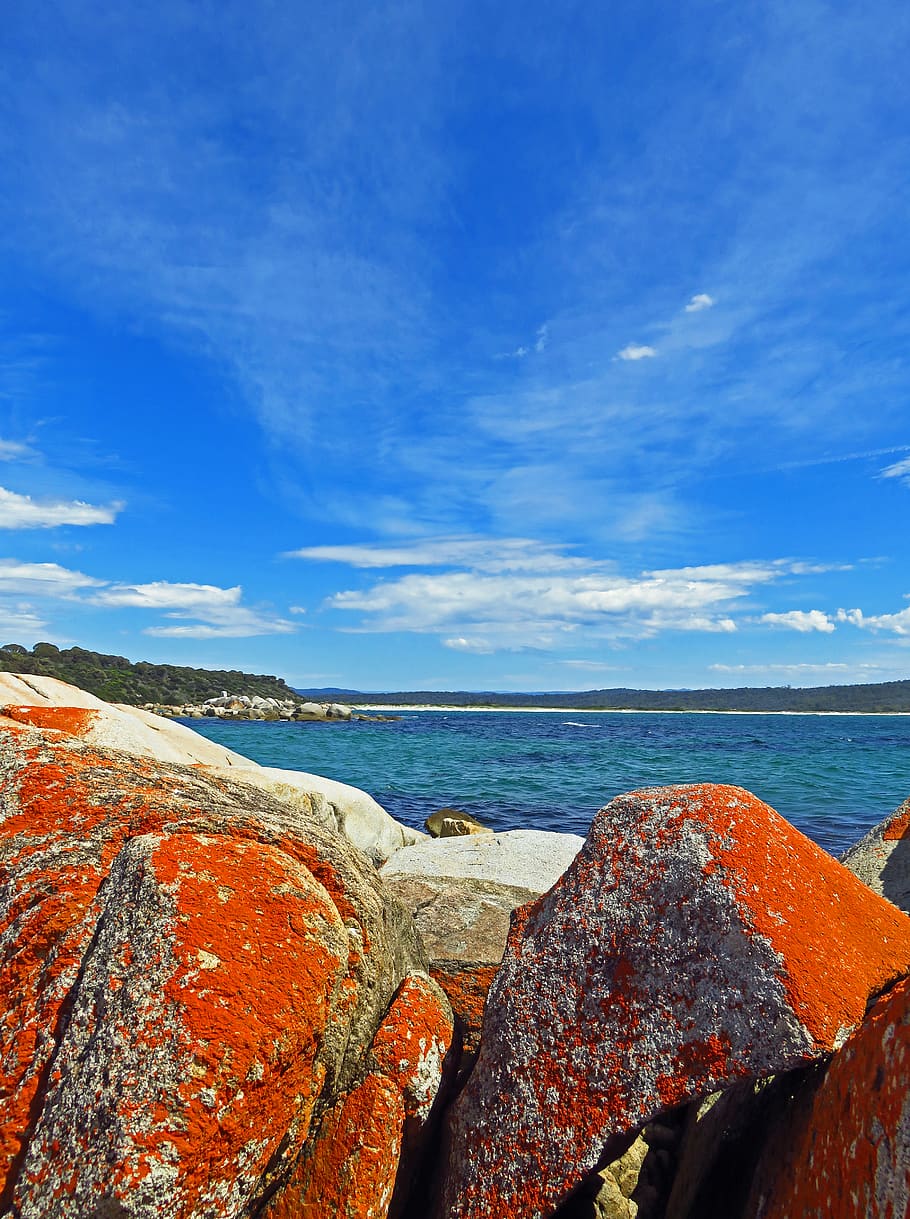 seascape, orange, blue, rocks, tasmania, australia, david clode HD wallpaper