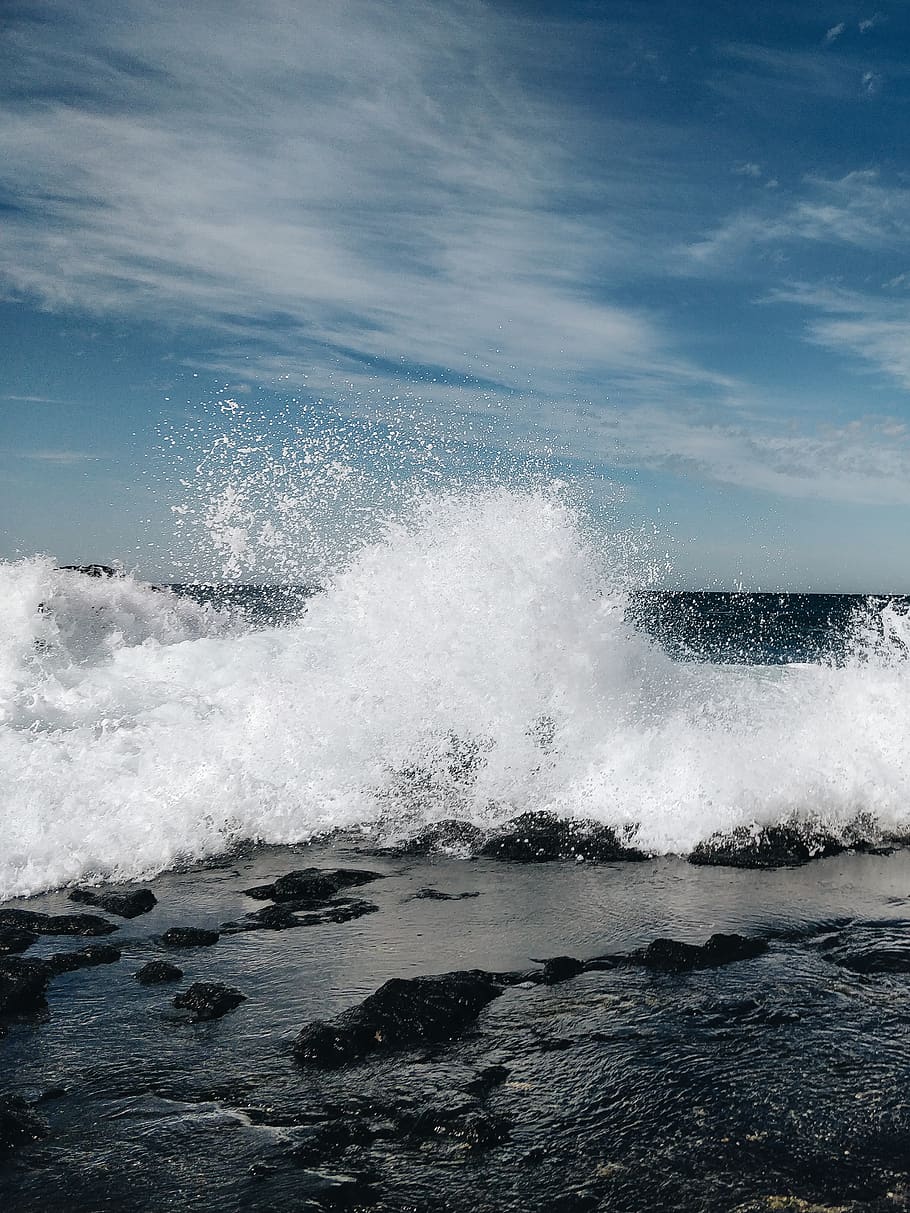black rocks with ocean waves, outdoors, sea, sea waves, nature HD wallpaper
