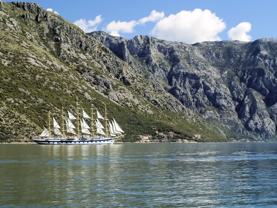 ship, schooner, sails, maritime, cliffs, cruise, montenegro, HD wallpaper