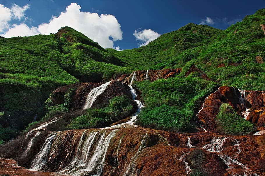 Mountain Covered With Trees, cascade, forest, grass, hill, landscape HD wallpaper