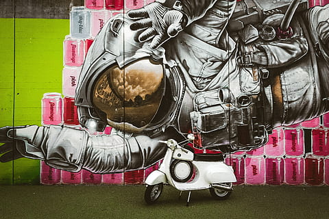 White Motor Scooter Parked Near Graffiti Wall, art, colors, daylight HD wallpaper