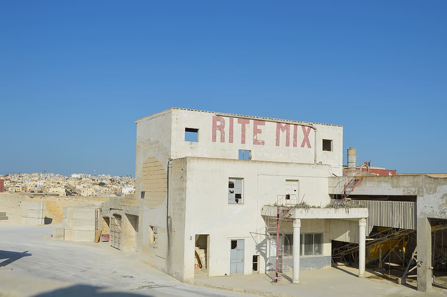 malta, urban decay, dusty, cement factory, concrete, mix, hand painted signage