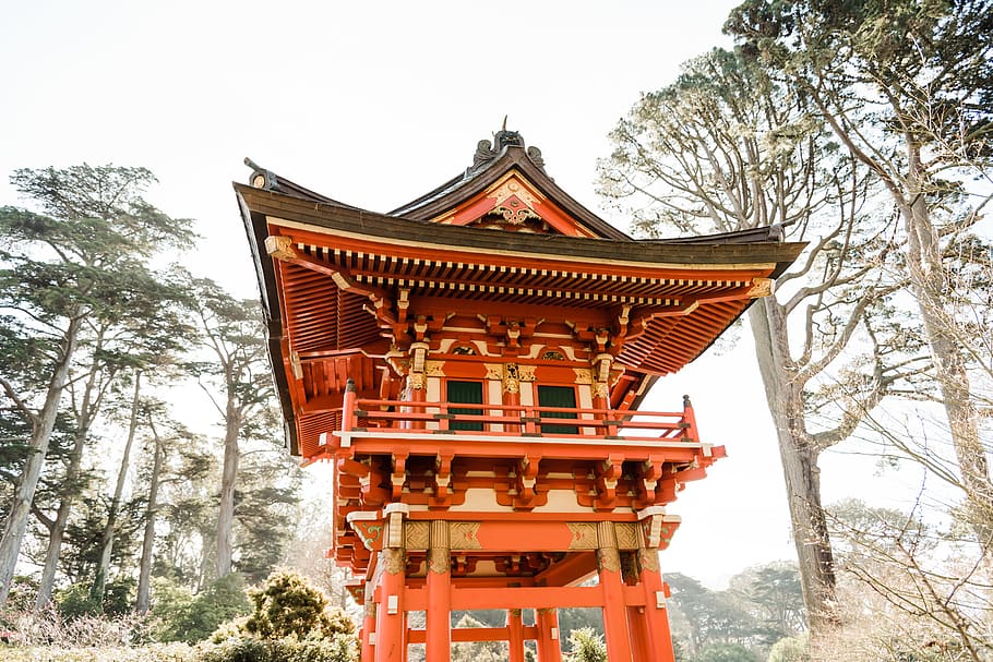 orange painted building, temple, architecture, worship, shrine HD wallpaper