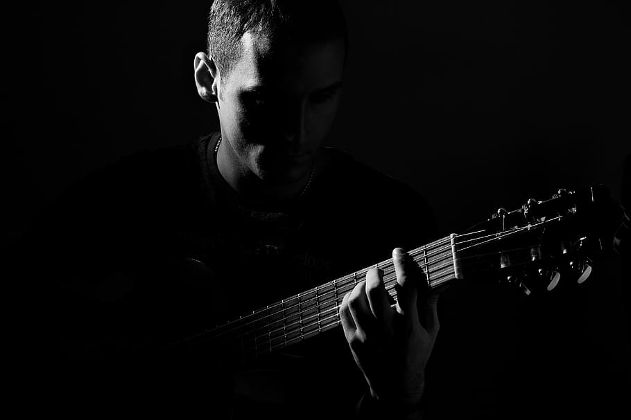 Grayscale Photo of Man Playing Guitar, adult, band, black-and-white, HD wallpaper