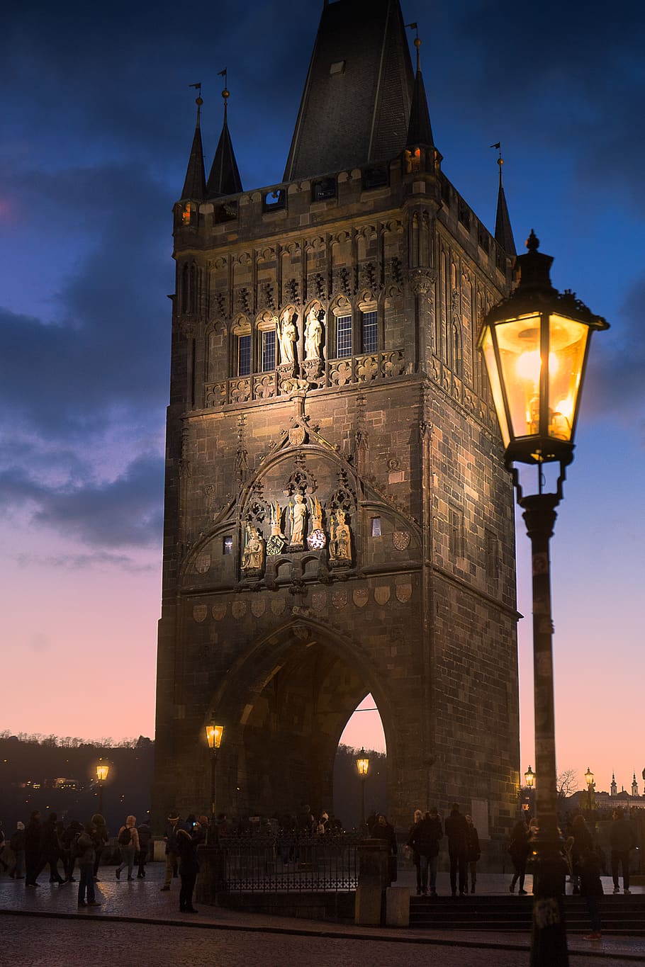 prague, czechia, sky, tower, architecture, lights, city lights, HD wallpaper