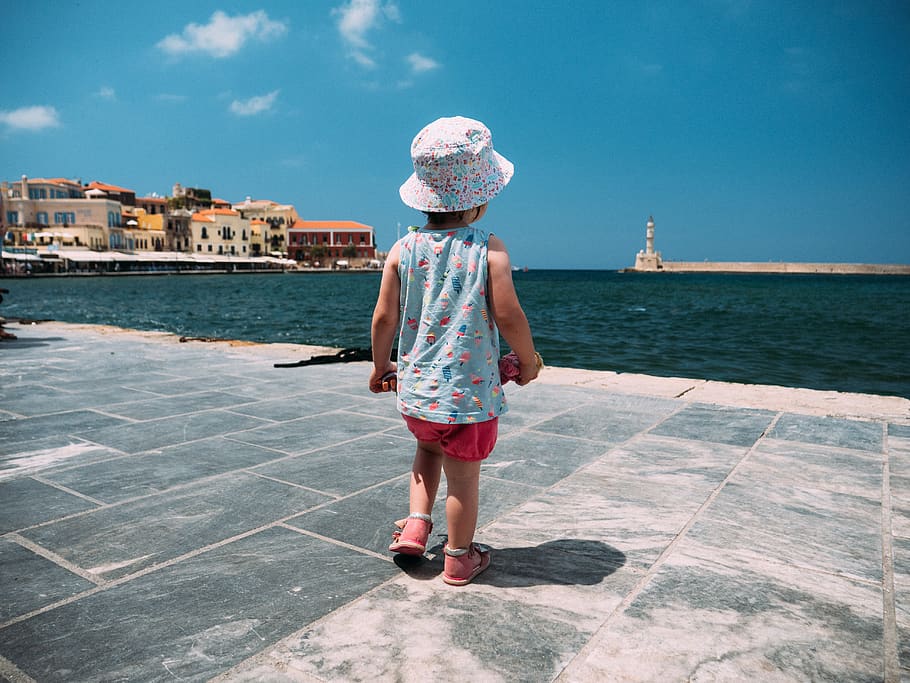 greece, chania, kid, harbour, lighthouse, bay, girl, water HD wallpaper