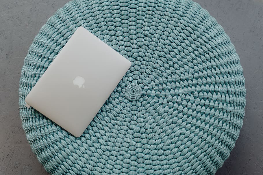 MacBook Laptop on a blue pouf, tech, technology, ottoman, close-up, HD wallpaper