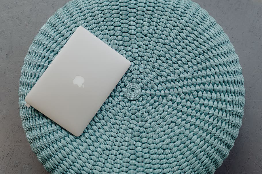 MacBook Laptop on a blue pouf, tech, technology, ottoman, close-up HD wallpaper