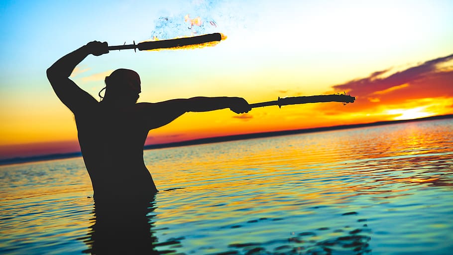 man holding sword, human, person, water, outdoors, fishing, silhouette HD wallpaper