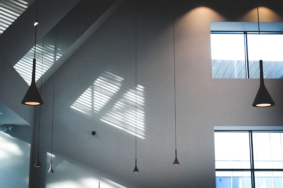 Black Pendant Lamps in White Building, architecture, ceiling HD wallpaper