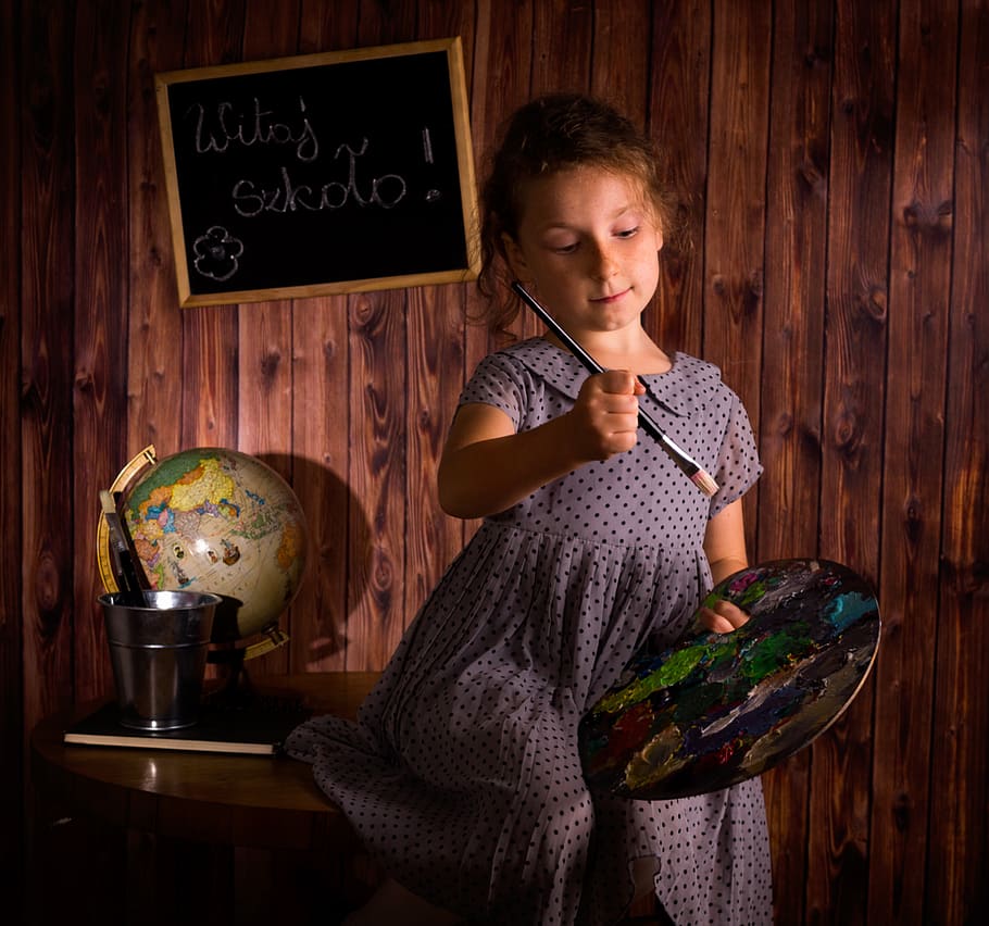 paint, sit, school, portrait, child, one person, indoors, wood - material HD wallpaper
