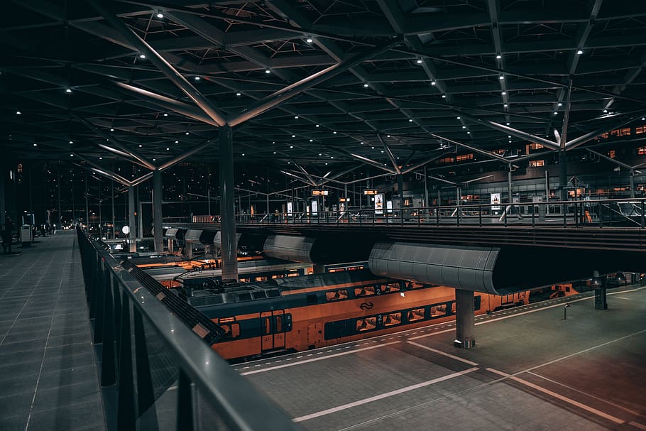 orange and black train, architecture, built structure, illuminated HD wallpaper