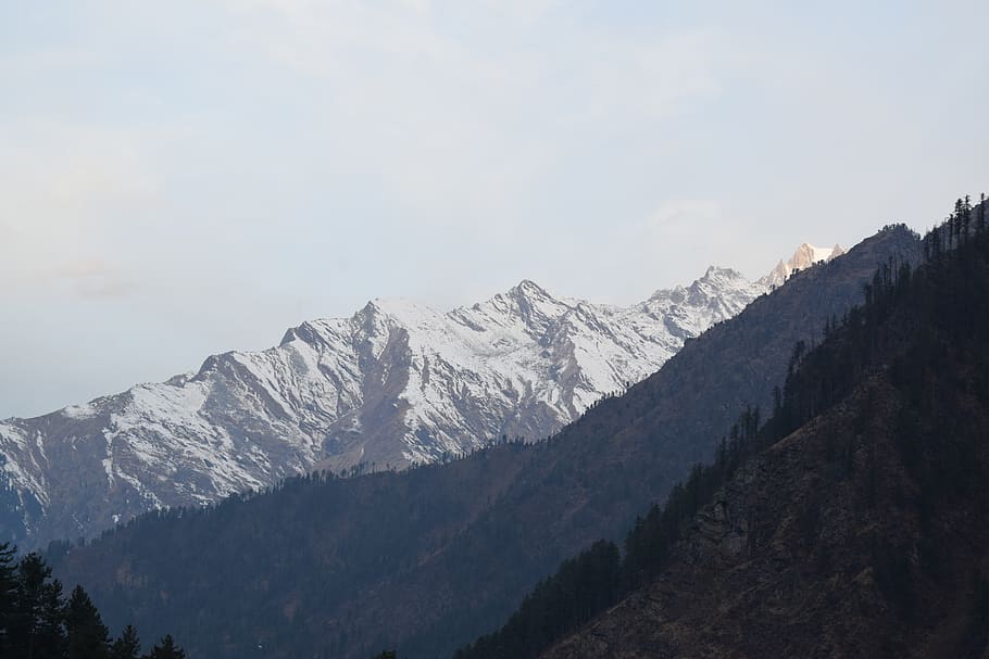 mountains, nature, snowfall, sky, cold temperature, mountain range HD wallpaper