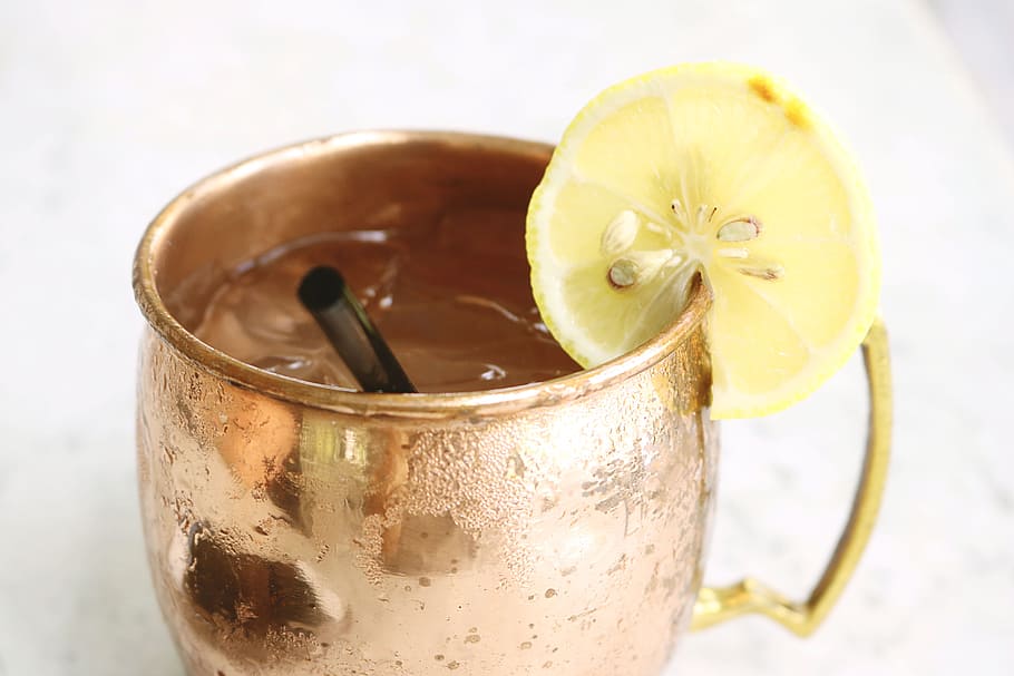 Brass Mug Filled With Clear Liquid and Slice of Lemon, aromatic HD wallpaper