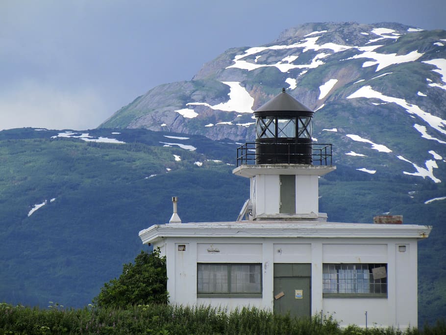 alaska, mountain, lighthouse, mountain range, forest, vista, HD wallpaper