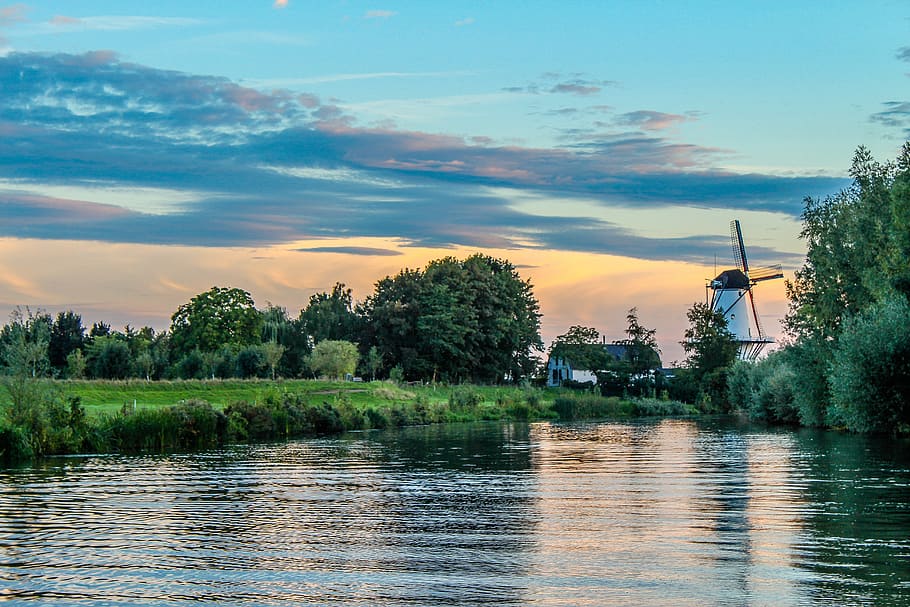 nature, mill, river, landscape, tree, water, cloud - sky, beauty in nature HD wallpaper