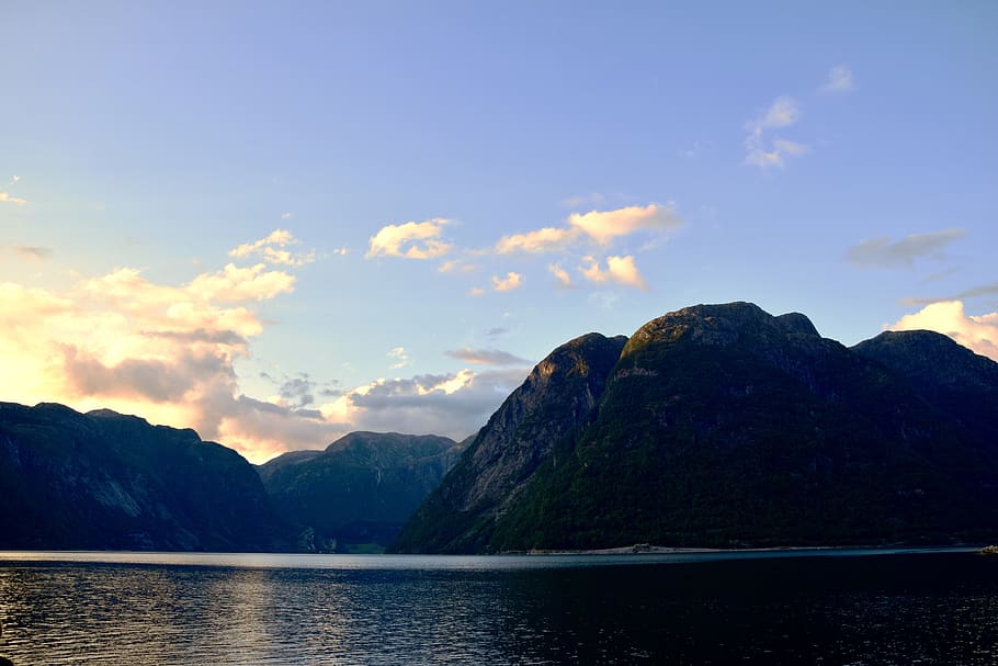 fjord, mountains, clouds, light, warm, sky, norway, nature HD wallpaper