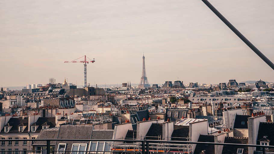 red and grey boom crane seen near Eiffel tower, paris, france, HD wallpaper