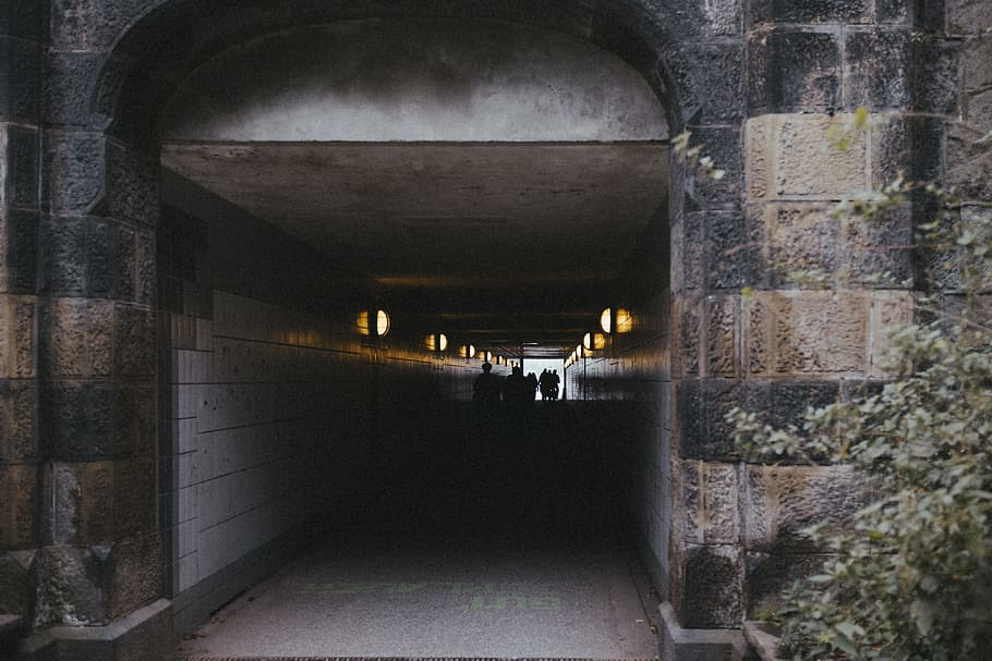Tunnel and people silhouettes, abstract, activity, alone, architecture HD wallpaper