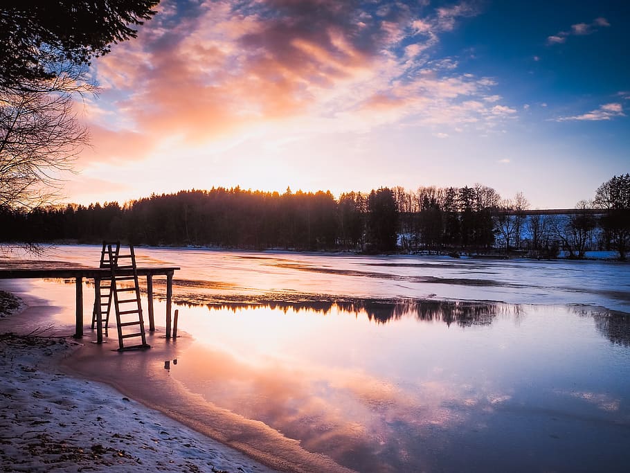 Brown Wooden A-frame Ladder Beside Water, clouds, cloudy, dawn HD wallpaper