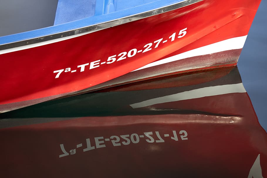 red labeled box, boat, reflection, code, lakeside, water, numbers HD wallpaper