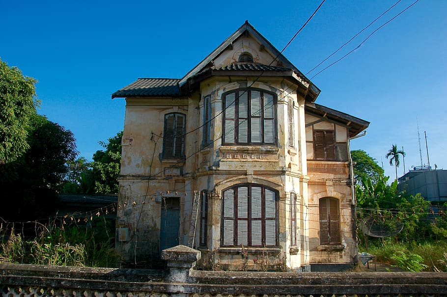 old building, laos, vientiane, classic, sky, architecture, building exterior, HD wallpaper