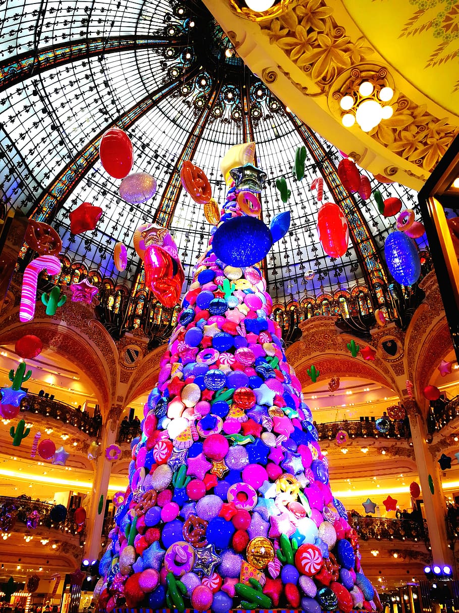 galeries lafayette, christmas, christmastree, balloons, colors, HD wallpaper