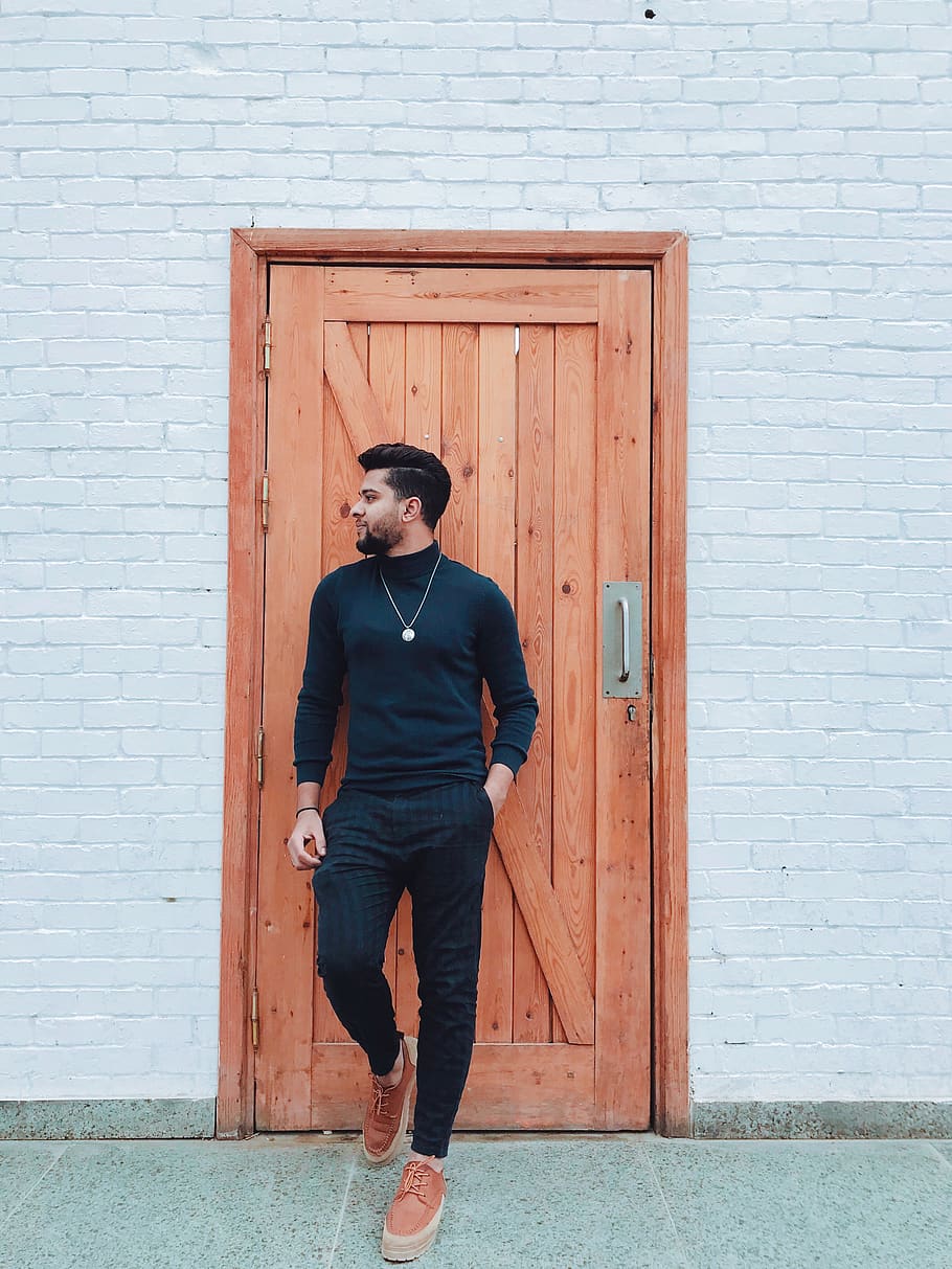 Men's Black Zip-up Jacket, brick wall, daylight, design, door HD wallpaper
