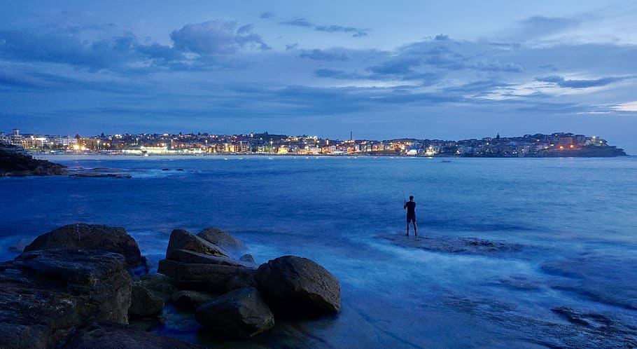 australia, bondi beach, water, sea, one person, sky, rock, nature HD wallpaper