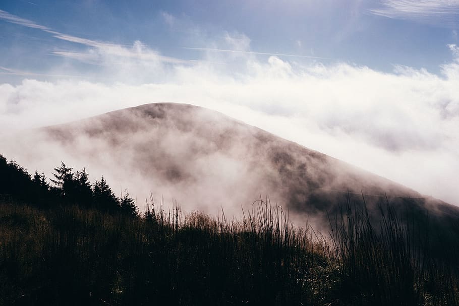 united kingdom, caernarfon, snowdon, mountains, trees, clouds, HD wallpaper