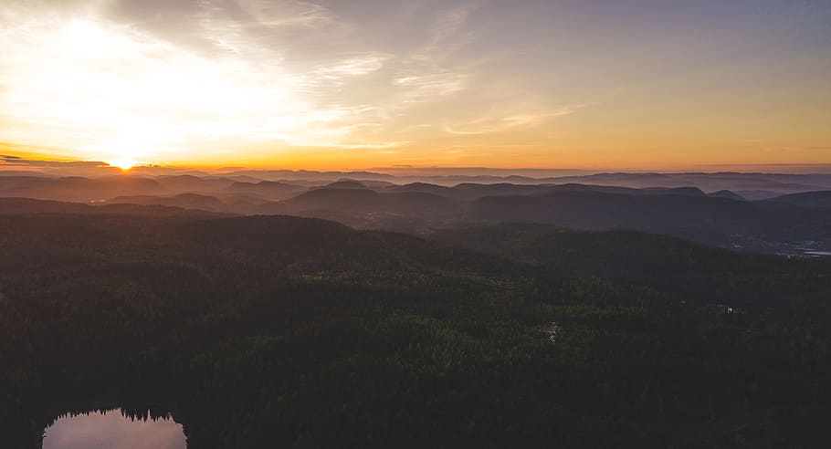 Aerial Photography of Green Mountain Under White Clouds, dawn HD wallpaper