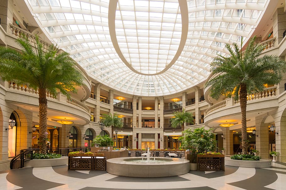 Indoor Water Fountain Beside Indoor Trees, architecture, building HD wallpaper