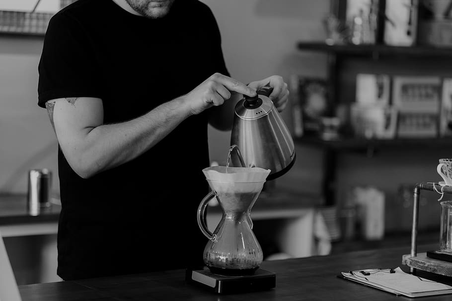 Man Pouring Water, black and white, black-and-white, café, chemex