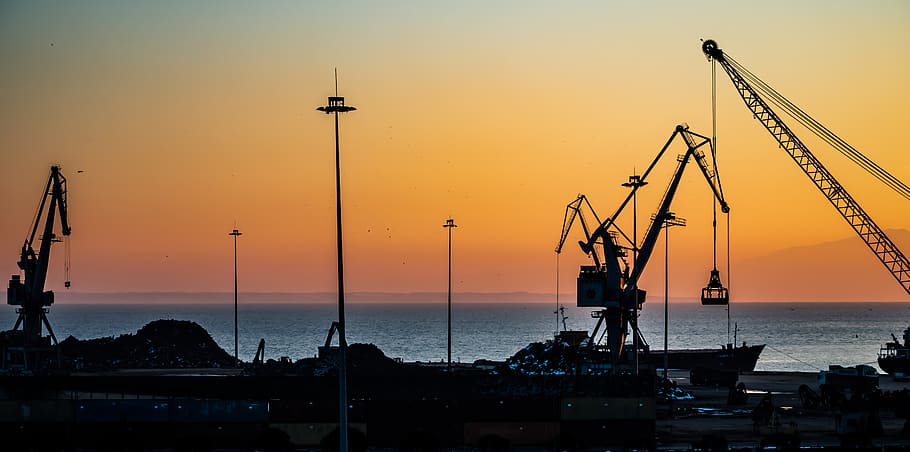 construction crane, waterfront, dock, pier, port, silhouette HD wallpaper