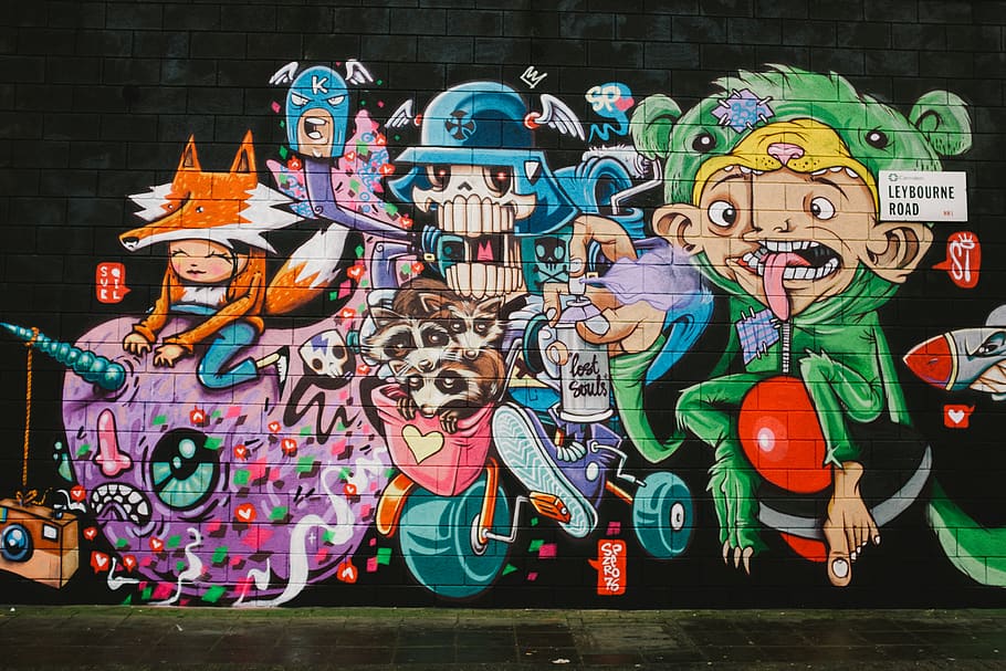 cartoon character street wall painting, graffiti, apparel, clothing