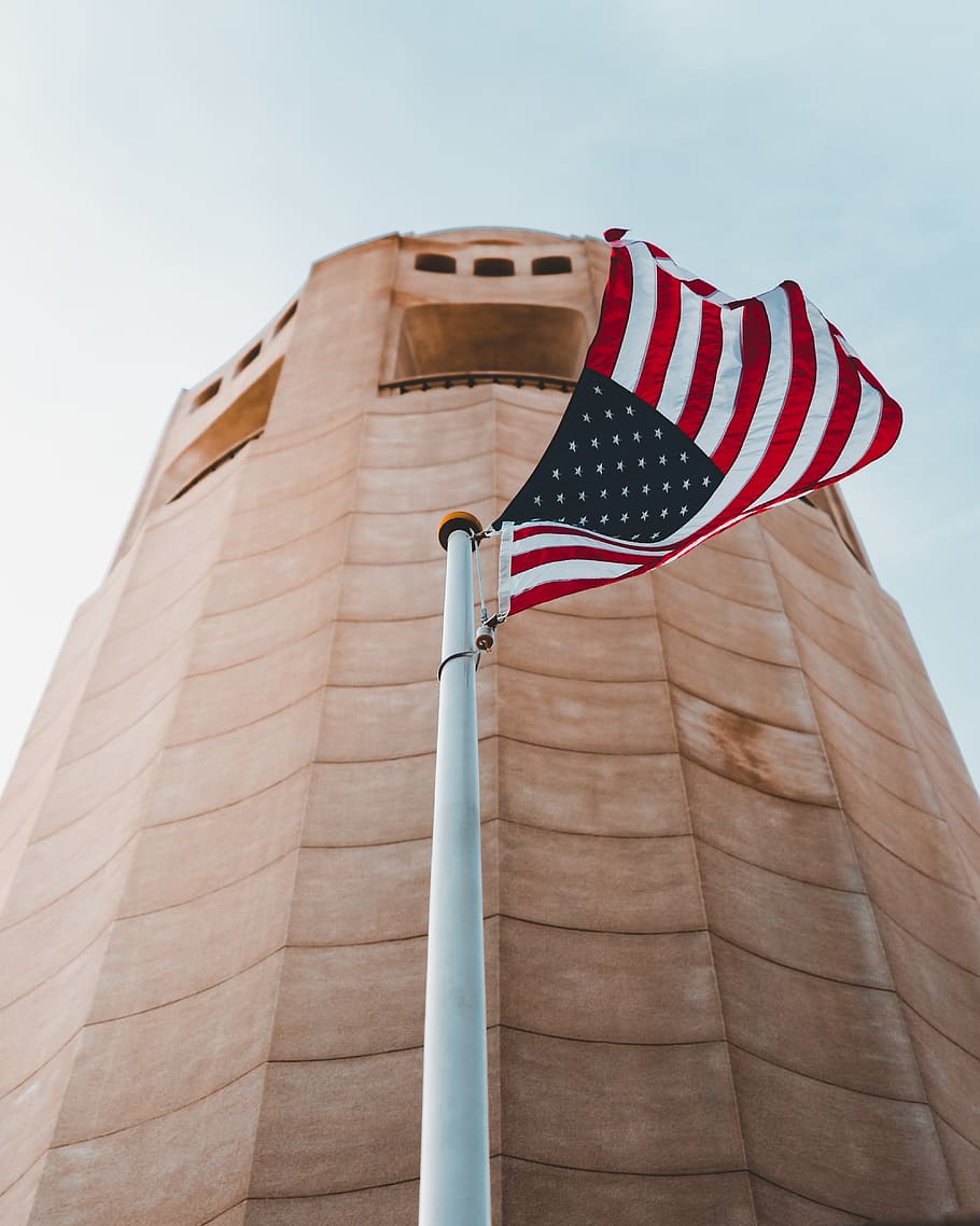 USA national flag, striped, patriotism, low angle view, sky, architecture HD wallpaper