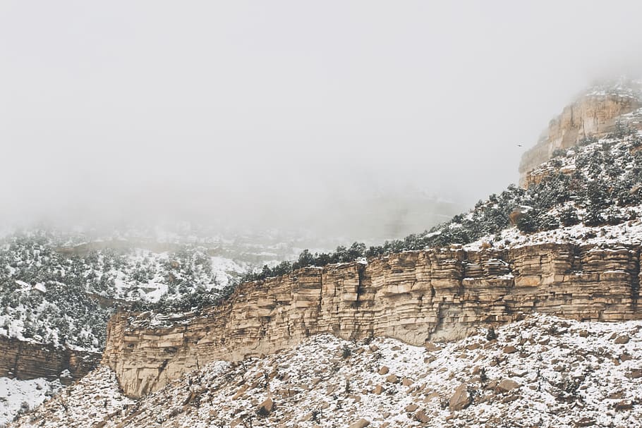 mountains, cliffs, rocks, snow, winter, cold, fog, cold temperature HD wallpaper