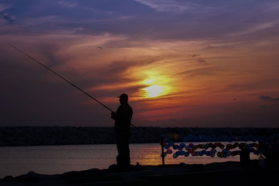 sun, set, fishing, man, baloons, weather, view, landscape, sky HD wallpaper
