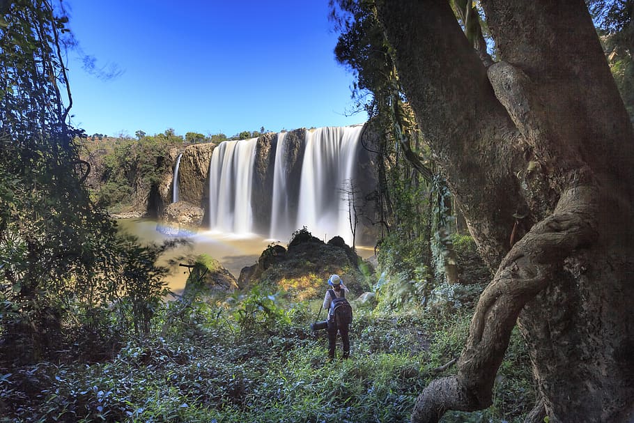 Person Standing and Looking Towards Water Falls, adventure, backpacker HD wallpaper