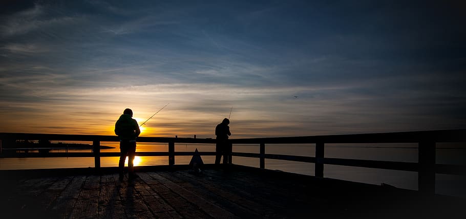 fishing, bc, sunsetting, mood, pier, jetty, water, reflections HD wallpaper