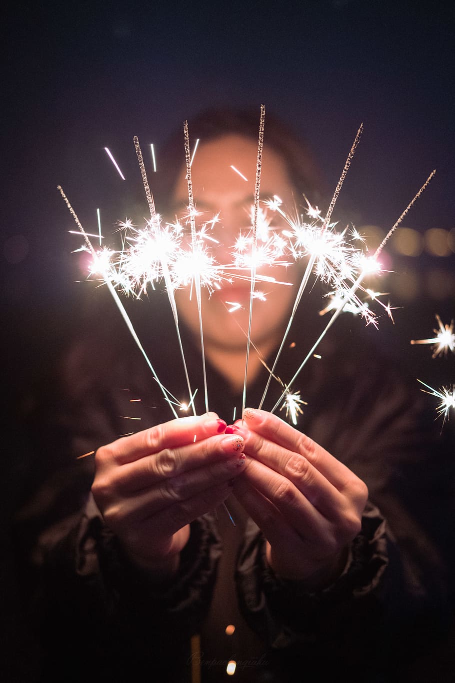 nature, outdoors, fireworks, night, person, human, light, flare