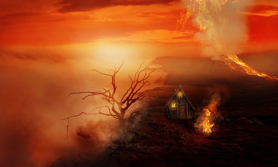 landscape, house, tree, volcano, lava, fire, clouds, sky, abyss, HD wallpaper