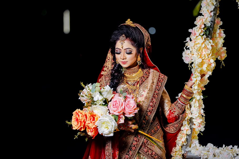 Woman Carrying Bouquet Of Flowers, bangladesh, beautiful, bride