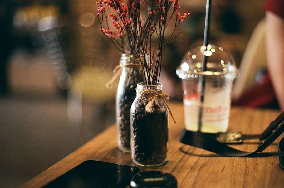 Jars With Coffee Beans Inside, vase, indoors, table, bottle, container HD wallpaper