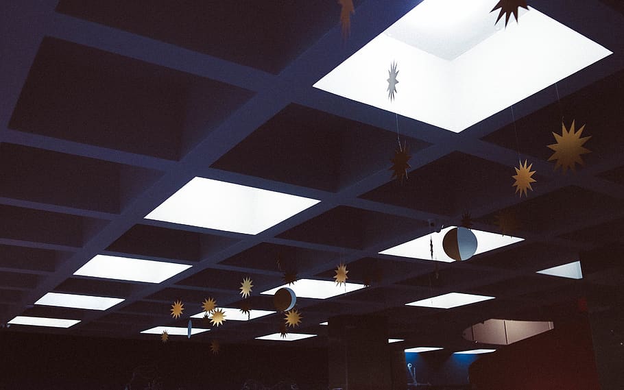 yellow sun hanging decors, lighting, building, skylight, window HD wallpaper