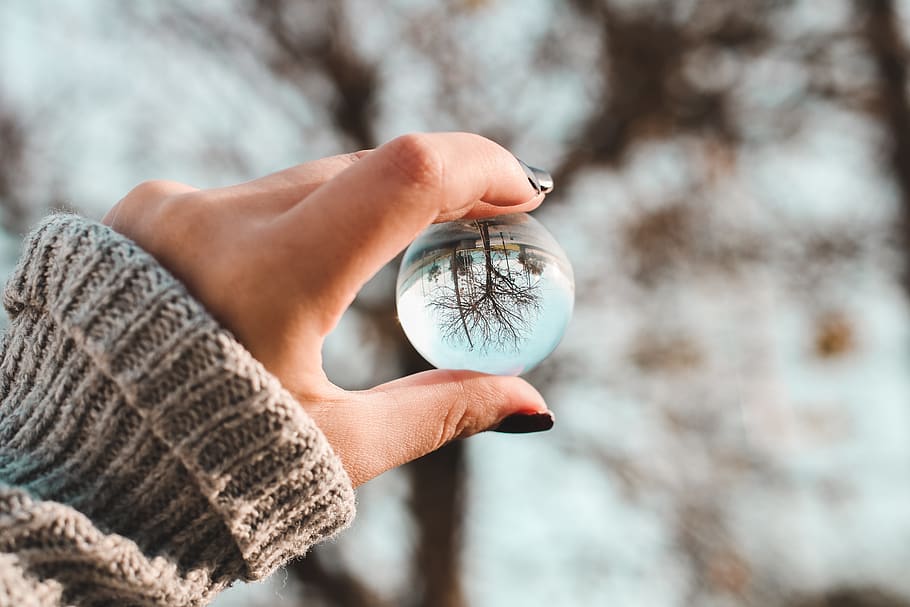 Person Holding Glass Ball, hand, Lensball, macro, human hand HD wallpaper